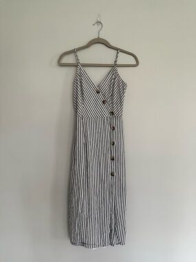 Abercrombie & Fitch Linen Black and White Striped Button-Front Midi Dress